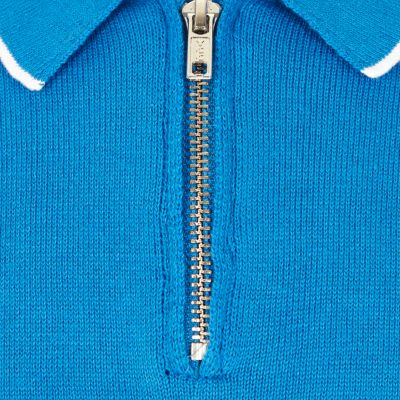 Boys blue knitted zip-up neck polo shirt